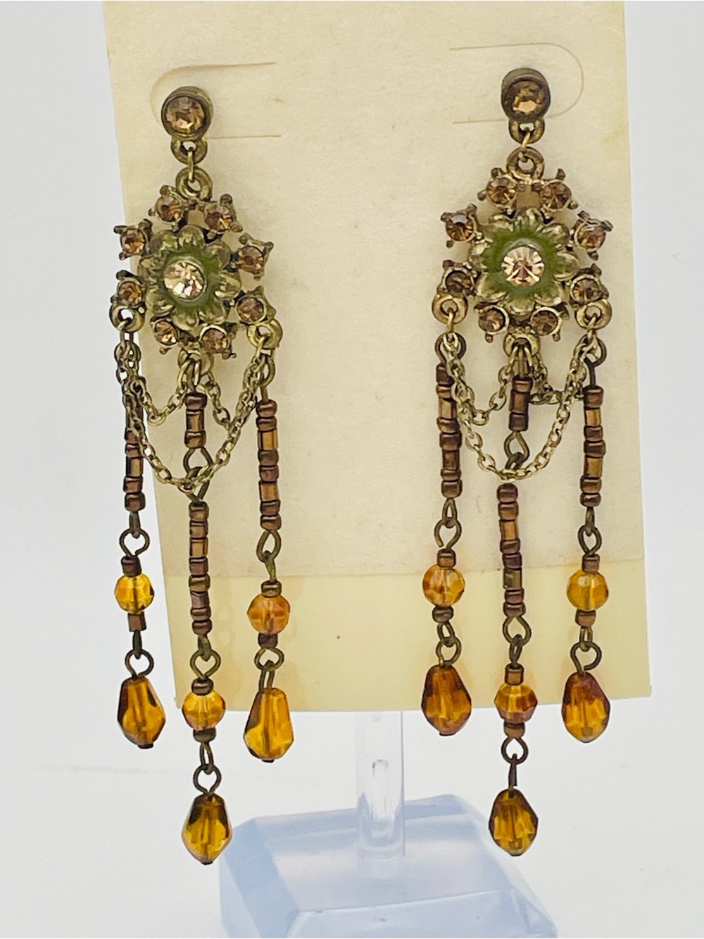 Vintage-Style Brass Toned Chandelier with Green Floral & Amber Dangles Earrings